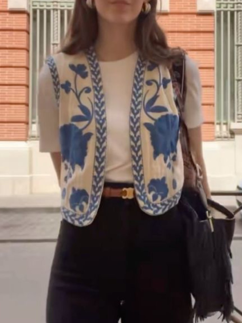 Cream & Blue Floral Embroidered Vest